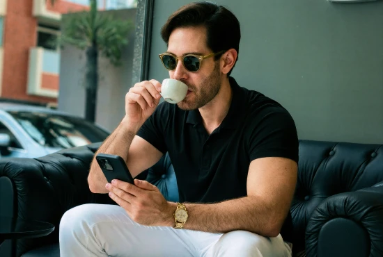 Cliente tomando café enquanto espera o atendimento na The Barbers Aju, Aracaju